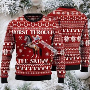 Horse Through The Snow Santa Claus Ugly Christmas Sweater Red Vacation