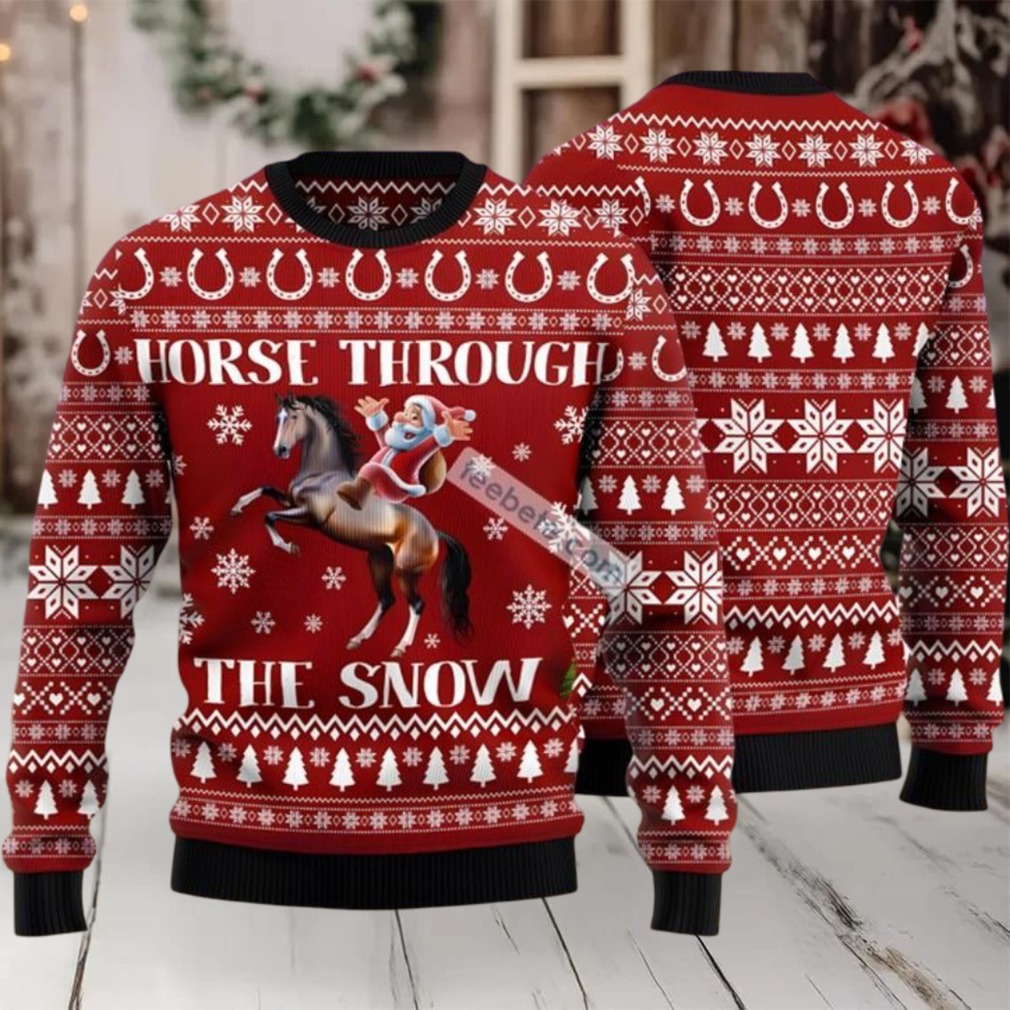 Santa Claus on a horse ugly Christmas sweater lifestyle