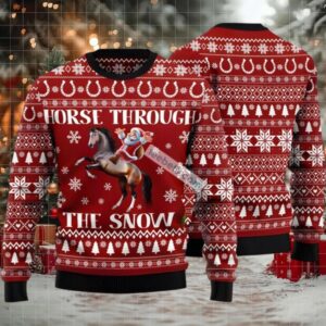 Horse Through The Snow Santa Claus Ugly Christmas Sweater Red Vacation