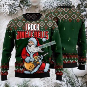 I Rock Jingle Bells Santa Claus Ugly Xmas Sweater Green Womens