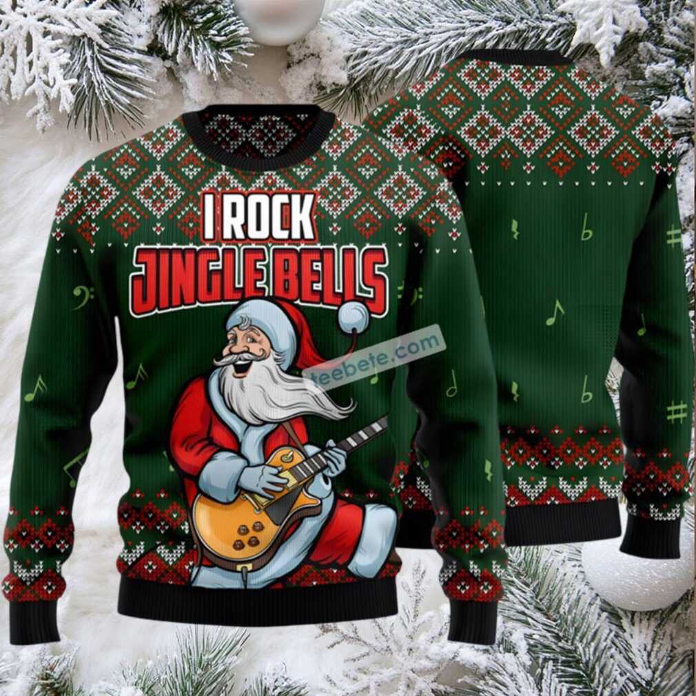 I Rock Jingle Bells Santa Claus Ugly Xmas Sweater Green Womens