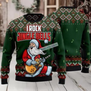 I Rock Jingle Bells Santa Claus Ugly Xmas Sweater Green Womens
