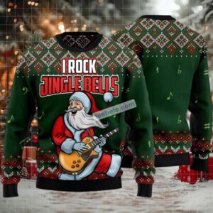 I Rock Jingle Bells Santa Claus Ugly Xmas Sweater Green Womens