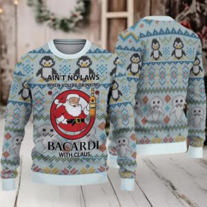 Ice Blue Penguin & Polar Bear Fair Isle Bacardi “With Claus” Ugly Christmas Sweater