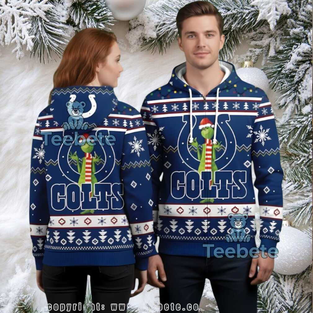 Indianapolis Colts Merry Grinchmas Blue Snowflake Ugly Christmas 3D Hoodie Indianapolis Colts Merry Grinchmas Blue Snowflake Ugly Christmas 3D Hoodie