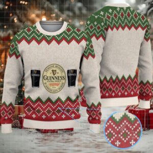 Ivory Cream Red & Green Chevron Fair Isle Guinness Beer Ugly Christmas Sweater