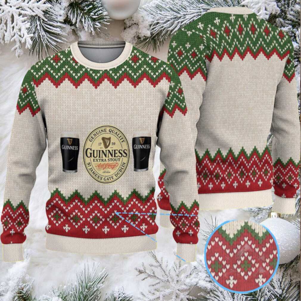 Ivory Cream Red & Green Chevron Fair Isle Guinness Beer Ugly Christmas Sweater