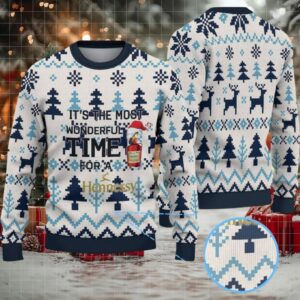 Ivory & Navy Fair Isle Reindeer and Christmas Tree Hennessy Themed Ugly Christmas Sweater