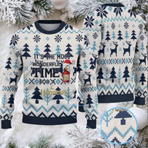 Ivory & Navy Fair Isle Reindeer and Christmas Tree Hennessy Themed Ugly Christmas Sweater