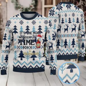 Ivory & Navy Fair Isle Reindeer and Christmas Tree Hennessy Themed Ugly Christmas Sweater