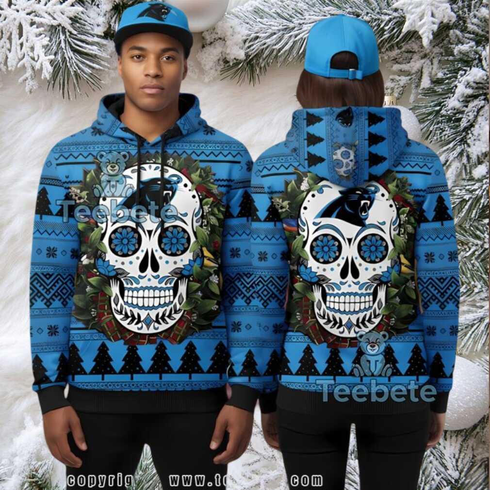 Carolina Panthers Skull Floral 3D Ugly Hoodie Zipper Carolina Panthers Skull Floral 3D Ugly Hoodie Zipper