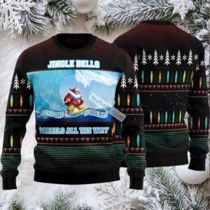Jingle Bells Santa Claus Surfing Ugly Christmas Sweater Black Funny