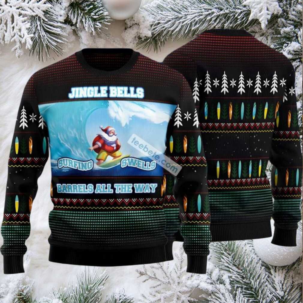 Jingle Bells Santa Claus Surfing Ugly Christmas Sweater Black Funny - Front View