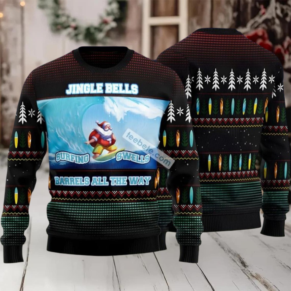 Jingle Bells Santa Claus Surfing Ugly Christmas Sweater Black Funny - Detail Shot