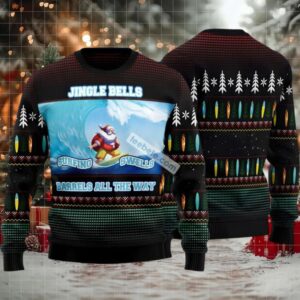 Jingle Bells Santa Claus Surfing Ugly Christmas Sweater Black Funny