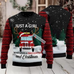 Just A Girl Loves Firefighter Ugly Christmas Sweater Red Mens Sweatshirt