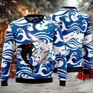 Koi Yin Yang Ugly Christmas Sweater Blue White Crazy