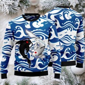 Koi Yin Yang Ugly Christmas Sweater Blue White Crazy