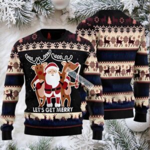Lets Get Merry Santa And Reindeer Ugly Christmas Sweater Black Naughty