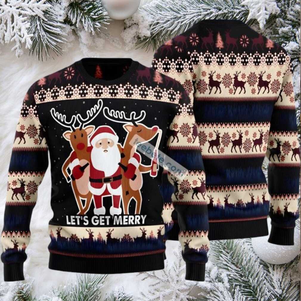Lets Get Merry Santa And Reindeer Ugly Christmas Sweater Black Naughty - Front view