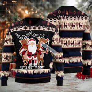 Lets Get Merry Santa And Reindeer Ugly Christmas Sweater Black Naughty