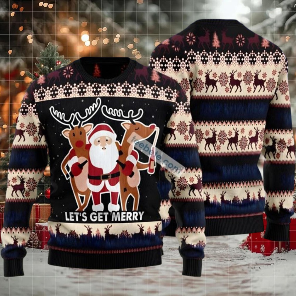 Lets Get Merry Santa And Reindeer Ugly Christmas Sweater Black Naughty Lets Get Merry Santa And Reindeer Ugly Christmas Sweater Black Naughty