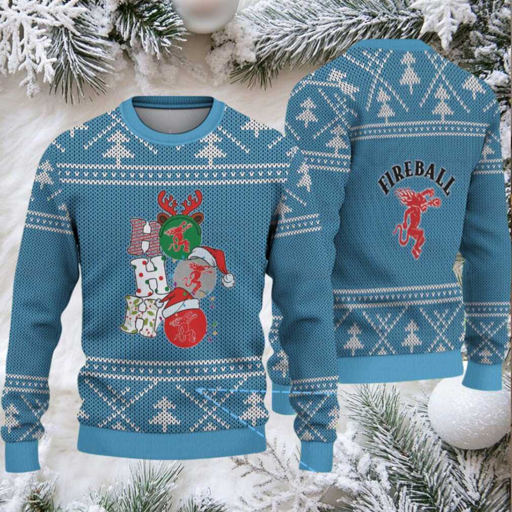 Light Blue Christmas Tree Pattern “Stacked Fireball Bottles” Ugly Holiday Sweater – Fireball Cinnamon Whisky Edition