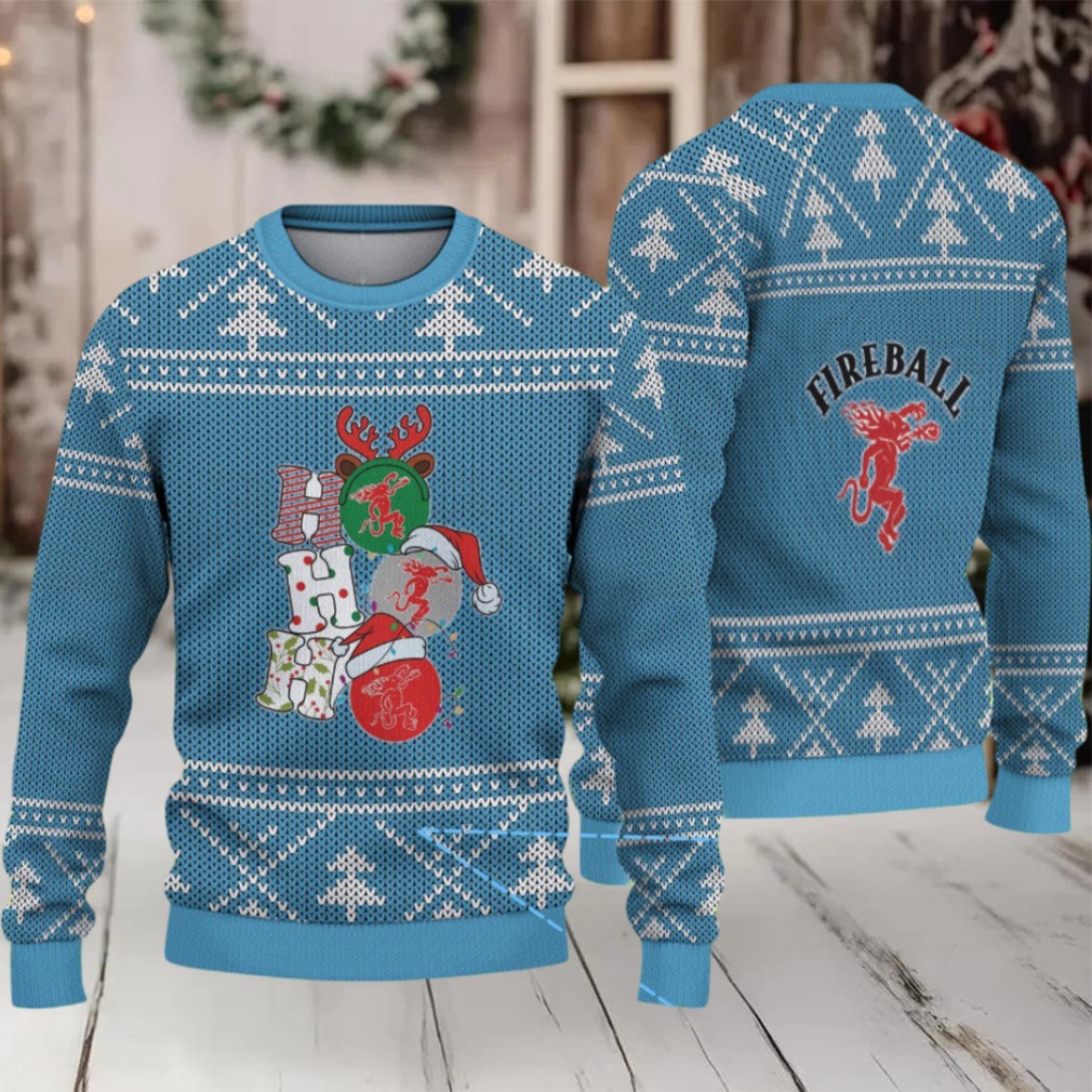 Light Blue Christmas Tree Pattern “Stacked Fireball Bottles” Ugly Holiday Sweater – Fireball Cinnamon Whisky Edition