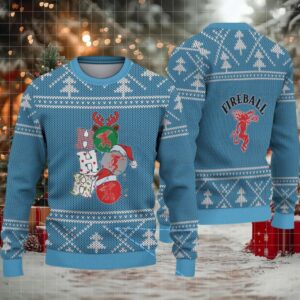Light Blue Christmas Tree Pattern “Stacked Fireball Bottles” Ugly Holiday Sweater – Fireball Cinnamon Whisky Edition