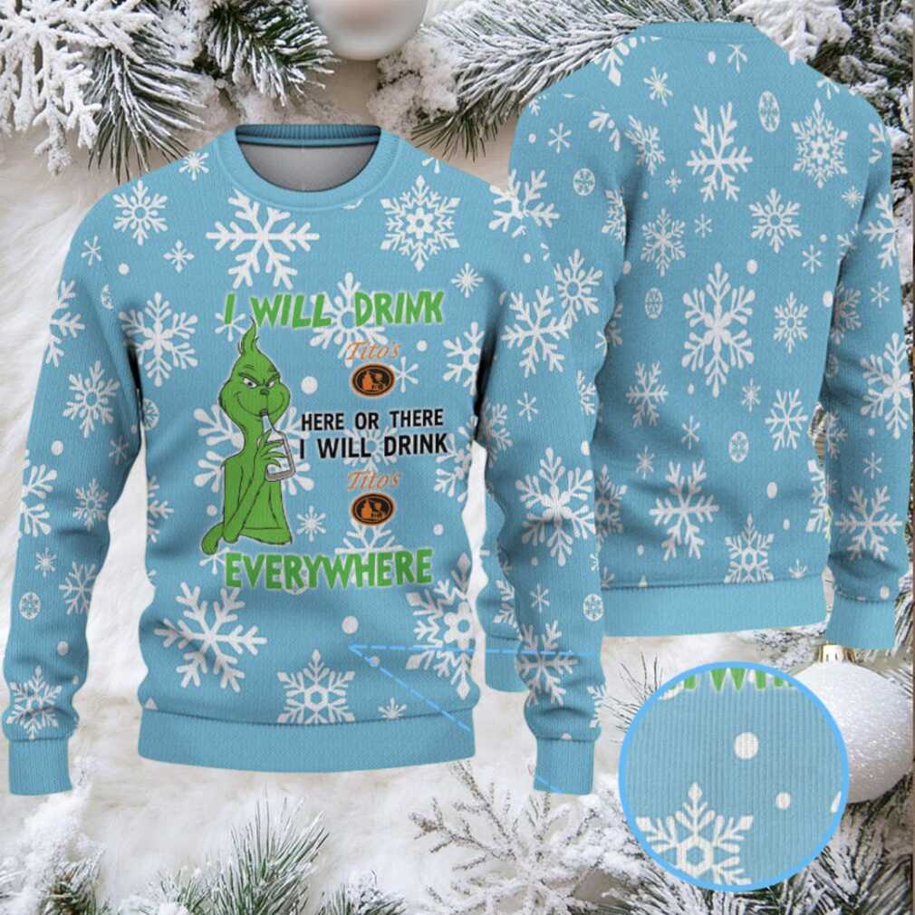 Light Blue White Snowflake Pattern “I Will Drink Tito’s Everywhere” Ugly Christmas Sweater Featuring Tito’s Handmade Vodka Light Blue White Snowflake Pattern “I Will Drink Tito’s Everywhere” Ugly Christmas Sweater Featuring Tito’s Handmade Vodka