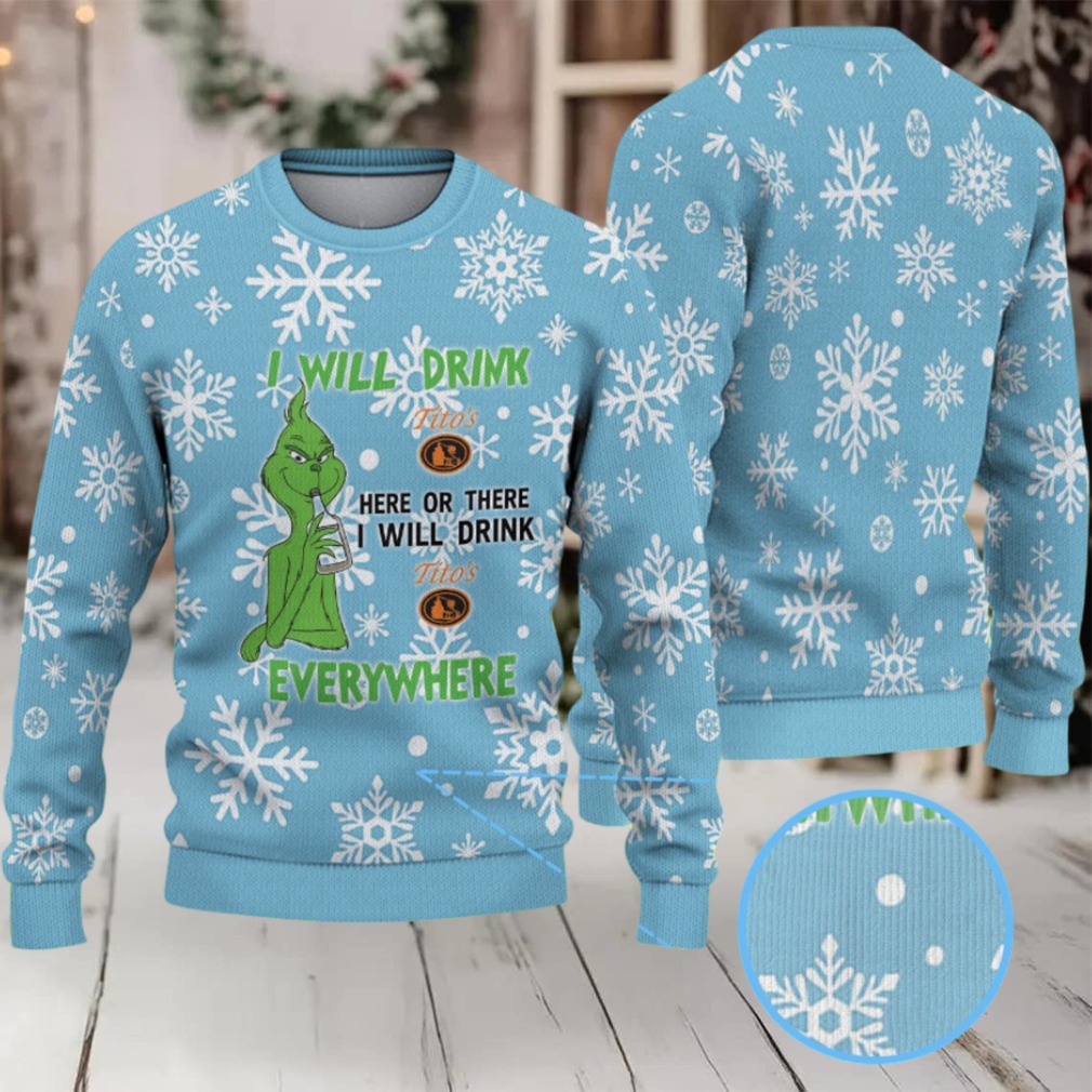 Light Blue White Snowflake Pattern “I Will Drink Tito’s Everywhere” Ugly Christmas Sweater Featuring Tito’s Handmade Vodka Light Blue White Snowflake Pattern “I Will Drink Tito’s Everywhere” Ugly Christmas Sweater Featuring Tito’s Handmade Vodka