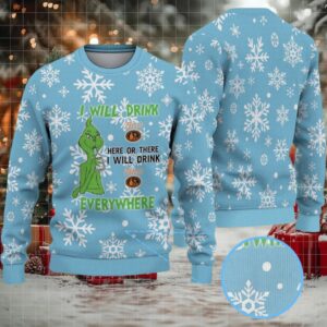 Light Blue White Snowflake Pattern “I Will Drink Tito’s Everywhere” Ugly Christmas Sweater Featuring Tito’s Handmade Vodka