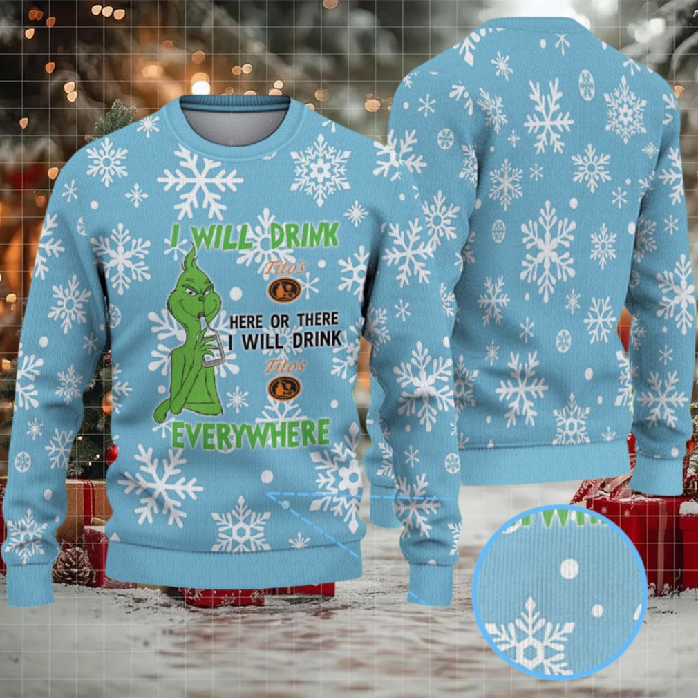 Light Blue White Snowflake Pattern “I Will Drink Tito’s Everywhere” Ugly Christmas Sweater Featuring Tito’s Handmade Vodka Light Blue White Snowflake Pattern “I Will Drink Tito’s Everywhere” Ugly Christmas Sweater Featuring Tito’s Handmade Vodka