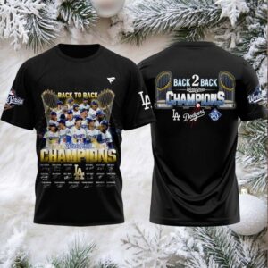 Los Angeles Dodgers World Series Champions Back To Back 2024 2025 Signature 3D T Shirt – Black