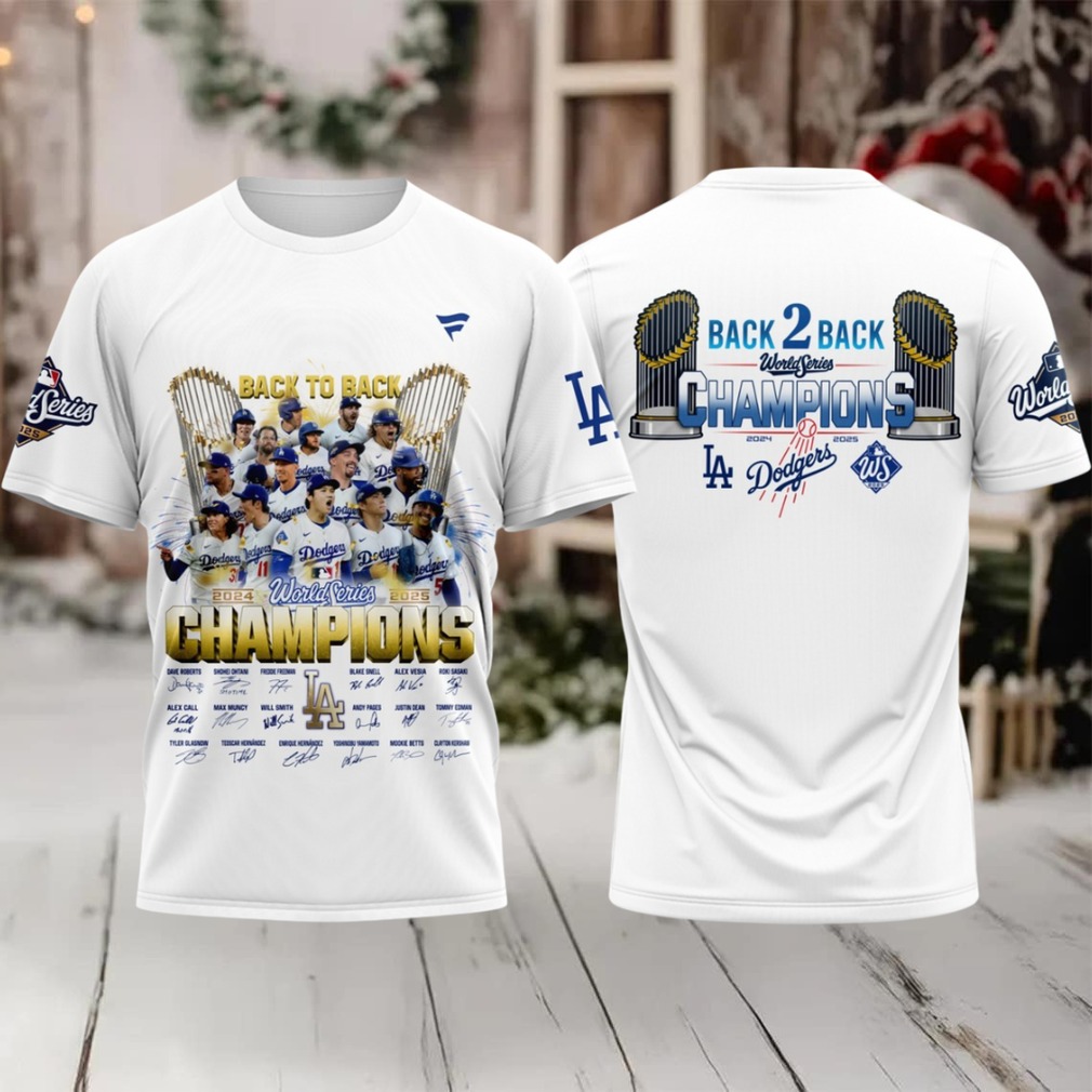 Los Angeles Dodgers World Series Champions Back To Back 2024 2025 Signature 3D T Shirt – White Los Angeles Dodgers World Series Champions Back To Back 2024 2025 Signature 3D T Shirt – White