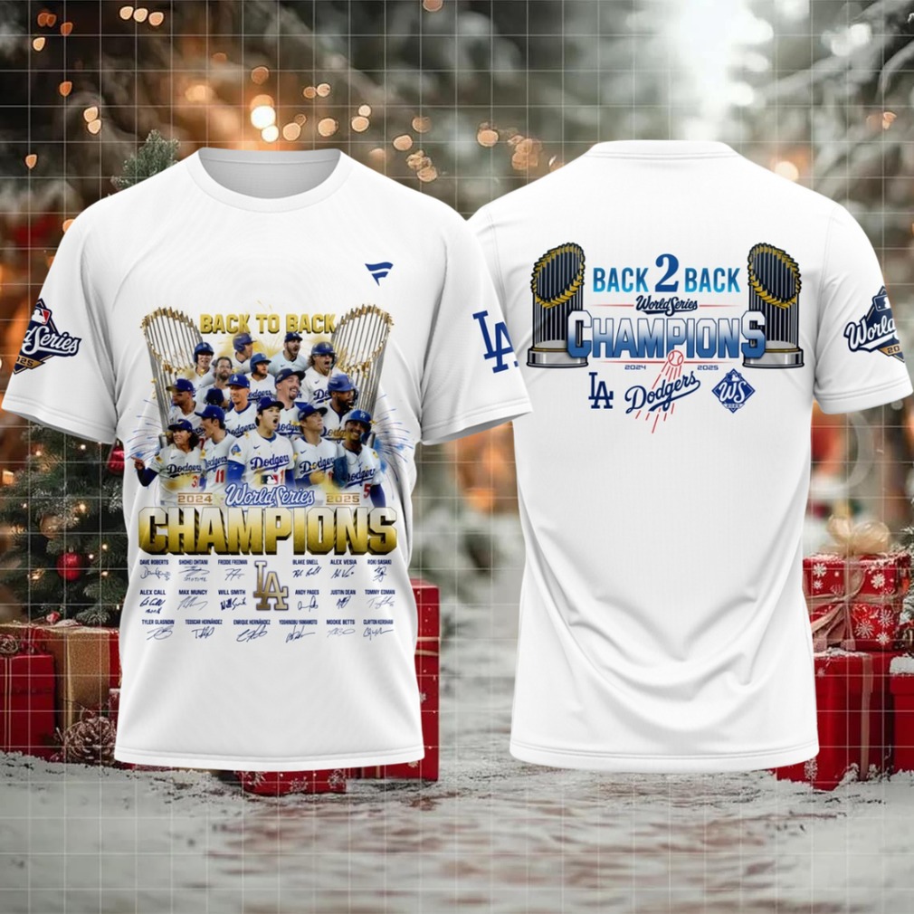 Los Angeles Dodgers World Series Champions Back To Back 2024 2025 Signature 3D T Shirt – White Los Angeles Dodgers World Series Champions Back To Back 2024 2025 Signature 3D T Shirt – White