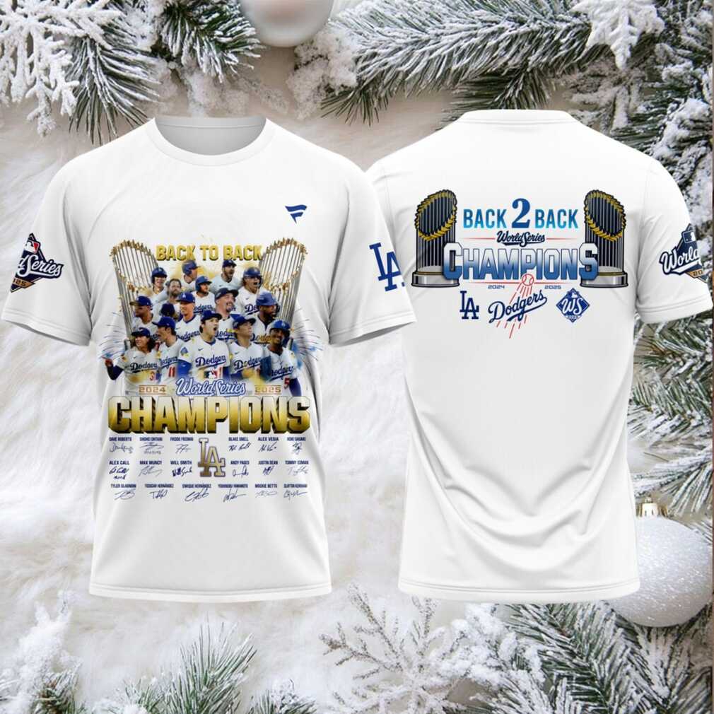Los Angeles Dodgers World Series Champions Back To Back 2024 2025 Signature 3D T Shirt – White Los Angeles Dodgers World Series Champions Back To Back 2024 2025 Signature 3D T Shirt – White