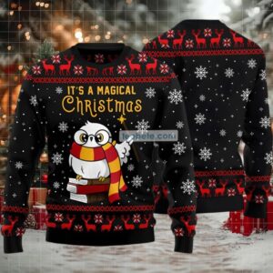 Magical Christmas Owl Teacher Ugly Xmas Sweater Black Party