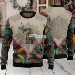 Mandala Michigan State Pattern Ugly Christmas Sweater Grey Light Up