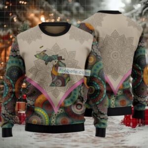 Mandala Michigan State Pattern Ugly Christmas Sweater Grey Light Up