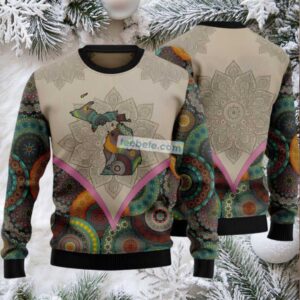 Mandala Michigan State Pattern Ugly Christmas Sweater Grey Light Up