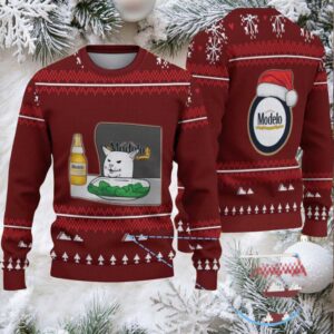 Maroon Christmas Tree Pattern “Modelo Beer Cat Meme & Santa Hat” Ugly Sweater