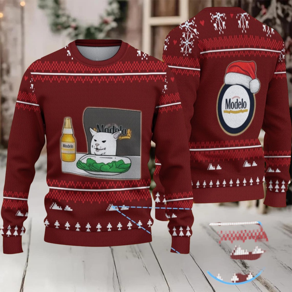 Maroon Christmas Tree Pattern “Modelo Beer Cat Meme & Santa Hat” Ugly Sweater