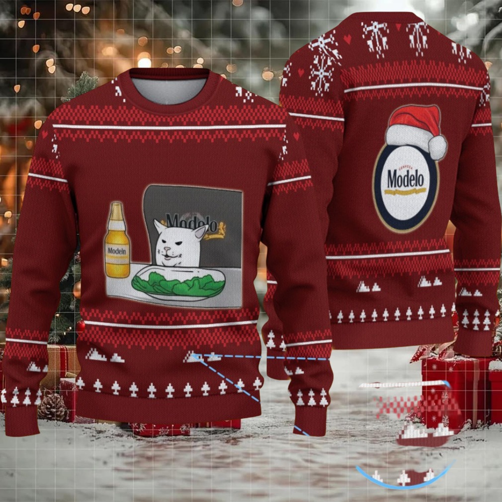 Maroon Christmas Tree Pattern “Modelo Beer Cat Meme & Santa Hat” Ugly Sweater Maroon Christmas Tree Pattern “Modelo Beer Cat Meme & Santa Hat” Ugly Sweater