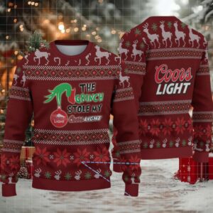 Maroon & Red Reindeer Pattern “The Grinch Stole My Coors Light” Ugly Christmas Sweater