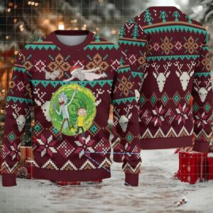 Maroon Ugly Christmas Sweater with Reindeer and Snowflake Pattern Featuring Rick and Morty Portal Adventure