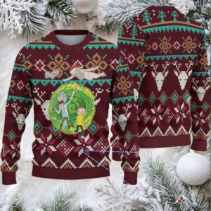 Maroon Ugly Christmas Sweater with Reindeer and Snowflake Pattern Featuring Rick and Morty Portal Adventure