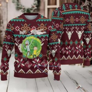 Maroon Ugly Christmas Sweater with Reindeer and Snowflake Pattern Featuring Rick and Morty Portal Adventure