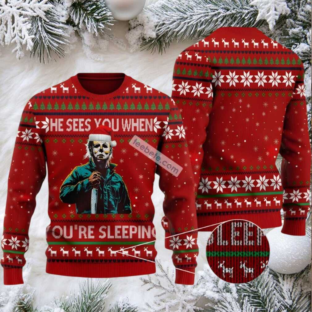 Michael Myers He Sees You When Santa Ugly Xmas Sweater Red White Party