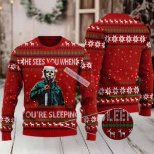 Michael Myers He Sees You When Santa Ugly Xmas Sweater Red White Party